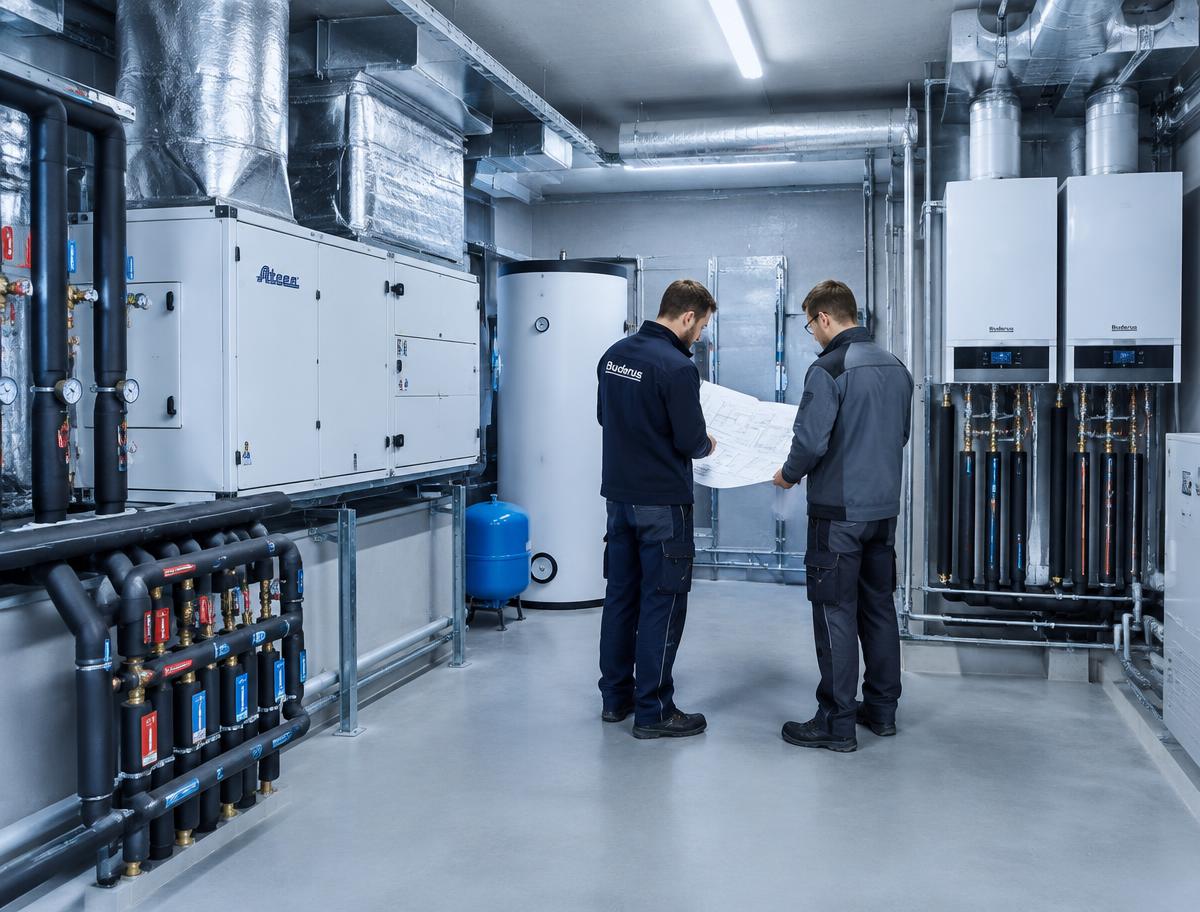 Technici bespreken tekeningen in een installatieruimte