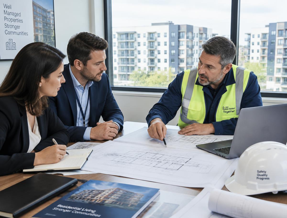 Projectleider bespreekt bouwtekeningen met vastgoedbeheerders